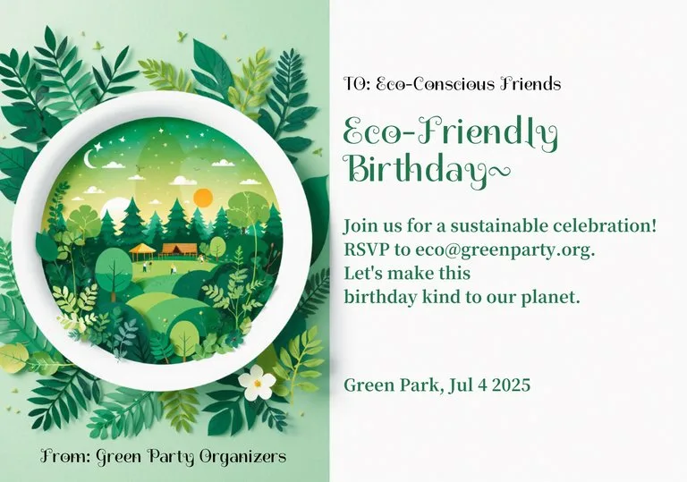 Modern birthday invitation card template, split layout. Left: 3D paper-cut circular frame with a vibrant tiered cake, floating balloons, and scattered confetti. Right: clean white area for text. Cheerful primary color palette, playful festive icons, soft depth-of-field, high-quality digital illustration.