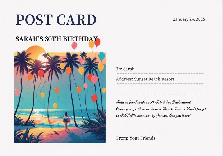 Postcard invitation template. Left side shows a vibrant flat vector beach sunset with palm trees and colorful balloons. Right side has clean white space with placeholder serif and script text. Modern, playful design with a tropical palette and professional layout.
