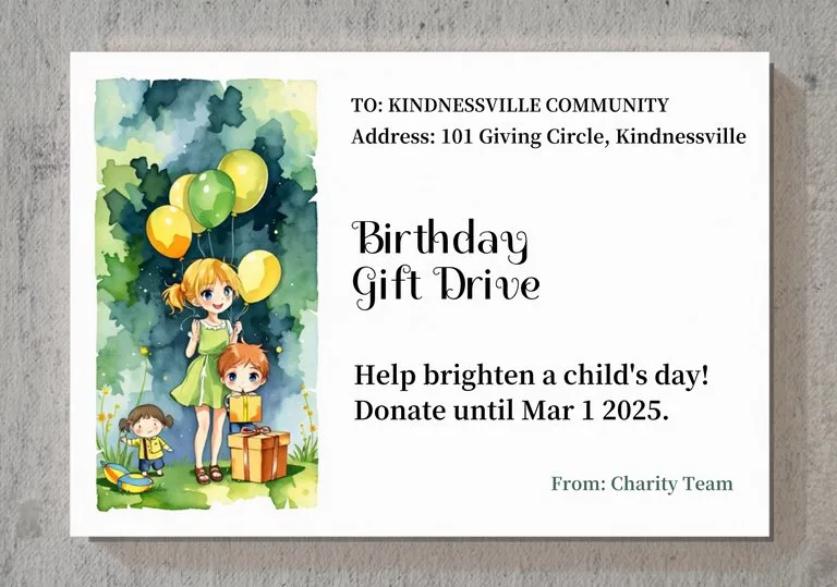 Modern birthday card template. Left side: playful watercolor art of children, balloons, and festive icons. Right side: clean white layout with placeholders for event details. Minimalist serif typography, vibrant green and yellow tones, soft confetti background.