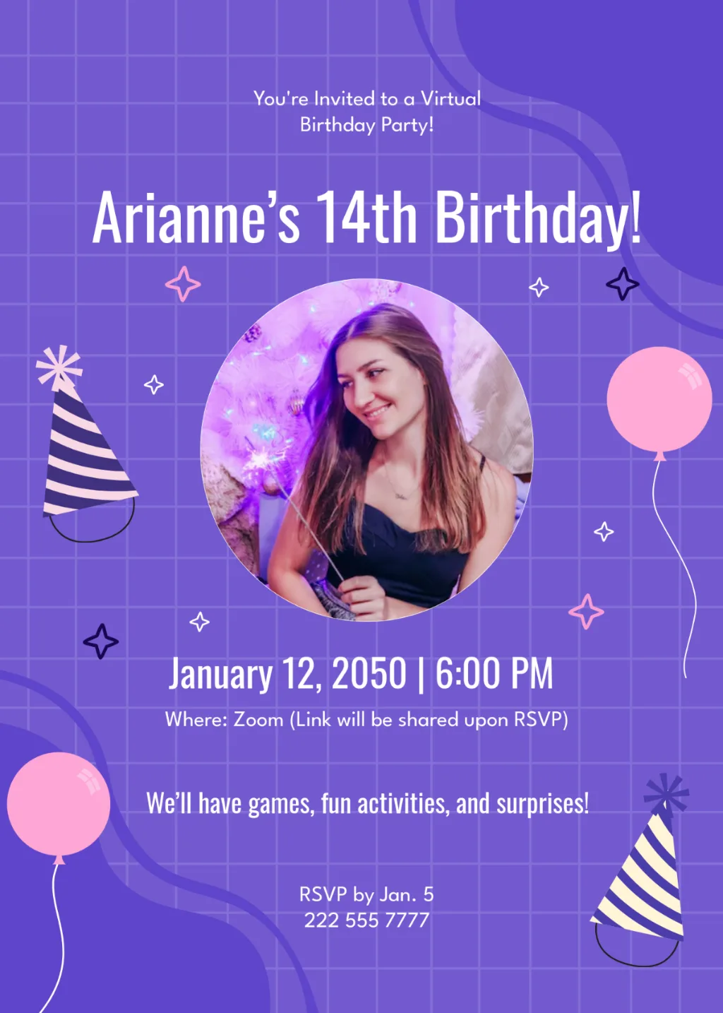 Digital birthday invitation with purple grid background and wavy corner shapes. Central circular photo frame. White sans-serif text layout. Decorated with pink balloons, striped party hats, and simple star icons. Clean, modern graphic style with high contrast.