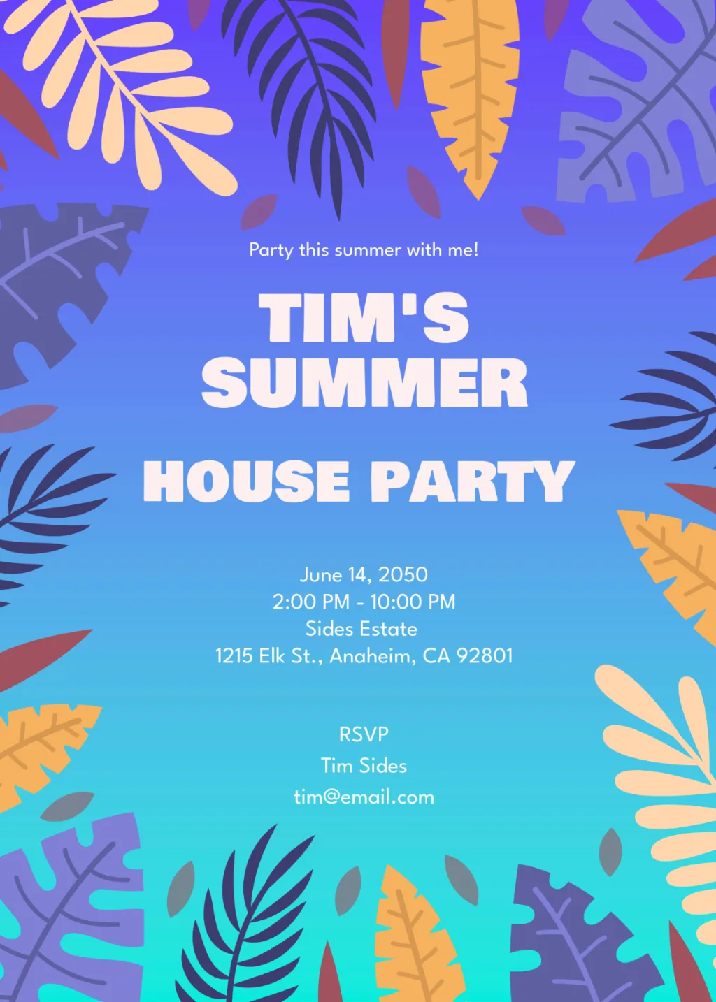 Vertical invitation template with a blue-to-cyan gradient background. Framed by flat vector tropical leaves in orange, purple, and cream. Centralized bold white sans-serif typography. Minimalist layout with a clean, festive summer aesthetic.