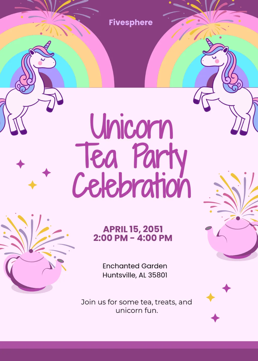 Flat vector invitation with cute unicorns, pastel rainbows, and colorful firework bursts. Symmetrical layout featuring pink teapots emitting sparks. Lavender palette with playful typography and clean 2D graphics.