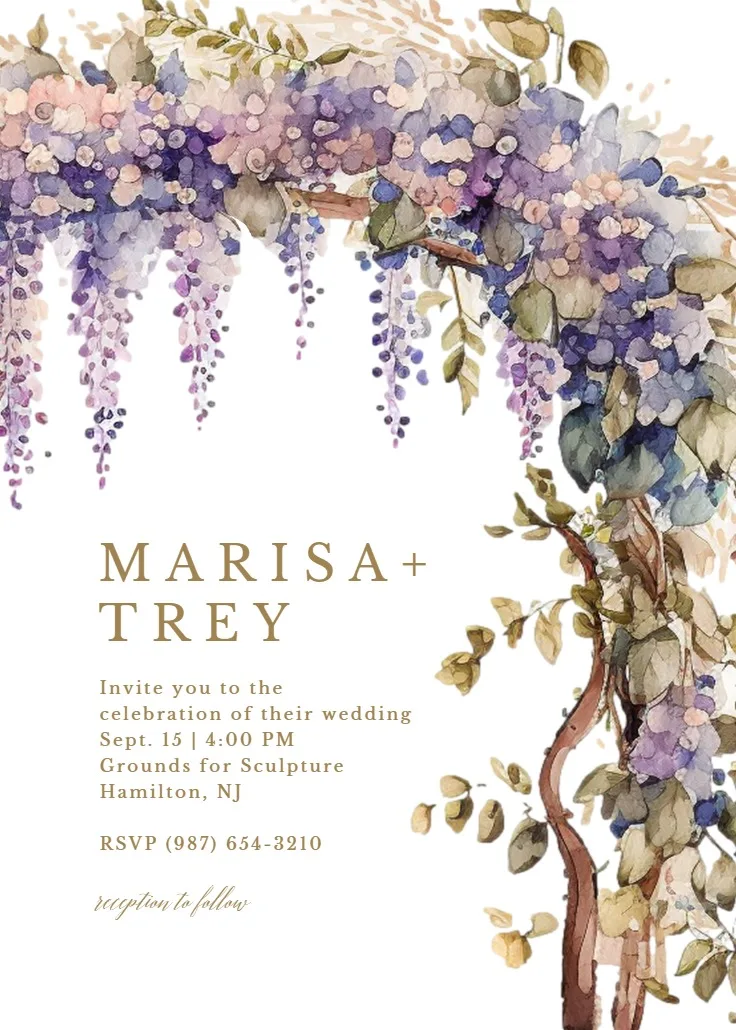 A watercolor wedding invitation featuring a purple wisteria arch across the top and right border. Soft lavender blooms and muted green leaves on white paper. Large negative space on the left for text. Painterly, ethereal style with golden-brown serif typography and delicate floral textures.