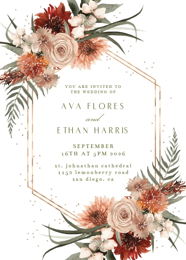 Watercolor wedding invitation. Thin gold hexagonal frame centered on white. Floral clusters in top-left and bottom-right corners with rust, cream, and sage greenery. Scattered gold flecks. Elegant serif text layout. Soft painterly style.