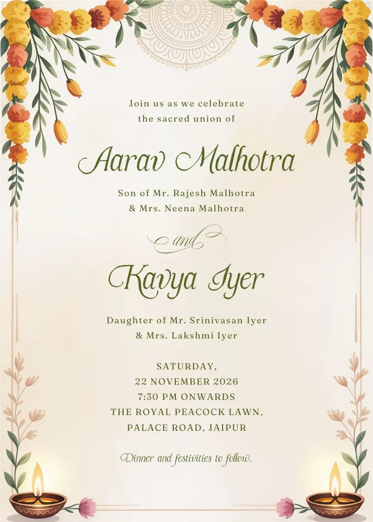 Elegant Indian wedding invitation on cream paper. Features orange and yellow marigold garlands at top, a light mandala watermark, and glowing oil lamps in bottom corners. Includes olive green cursive typography and delicate watercolor floral accents. Clean, centered layout with warm, traditional aesthetic.
