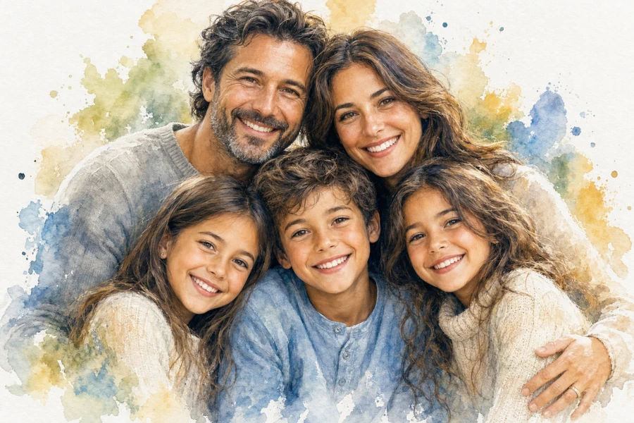 Watercolor huddle family prompt example